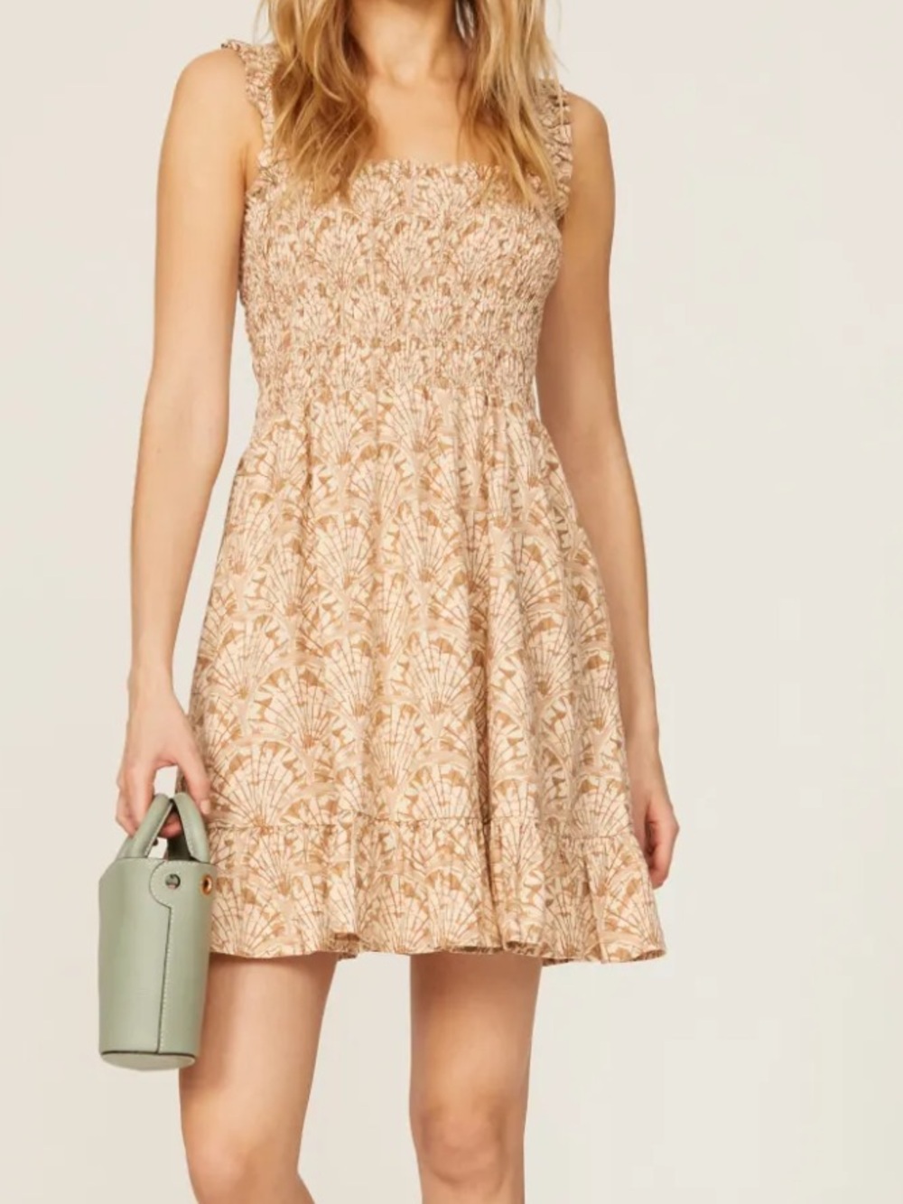 Madewell lucie smocked linen blend seashell printed summer mini dress sz m